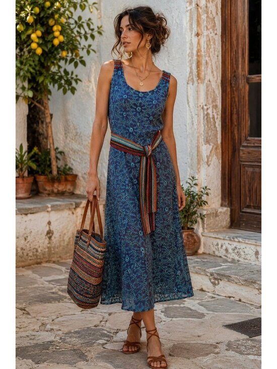 Save The Queen Dresses & Skirts - Save The Queen Italy Teal & Blue Eyelet Cotton Midi Dress Belted Boho Size M